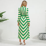 Women Date Dress Autumn and Winter Striped Printed Buttons Cinched Blouse Dress