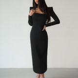 Women Dress Spring Square Collar Long Sleeve Dress Elegant Slim Fit Long Dress