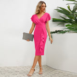 Women Date Dress round Neck Pleated Lace Dress
