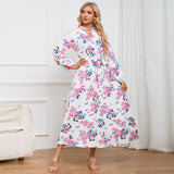 Women Date Dress Autumn Long Sleeve Lace Stand Collar Belt Long Dress