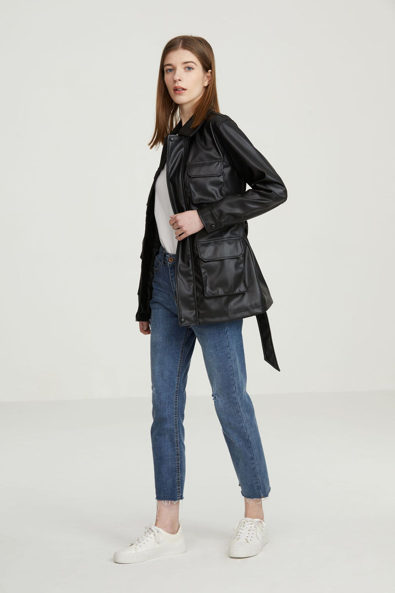Women Leather Jacket Spring Retro Loose Black PU Leather Shirt