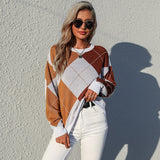 Women Knitted Sweater Autumn Crew Neck Pullover Knitting Rhombus Sweater