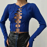 Women T-shirt Hollow-out Short round Neck T-shirt Ribbed Long Sleeve Top