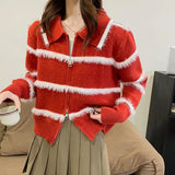 Women Knitwear Fall and Winter Lapels Double Zipper Sweater Loose Knitted Cardigan