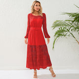 Women Date Dress Autumn Winter Sexy Long Sleeve round Neck Lace Long Dress Dress