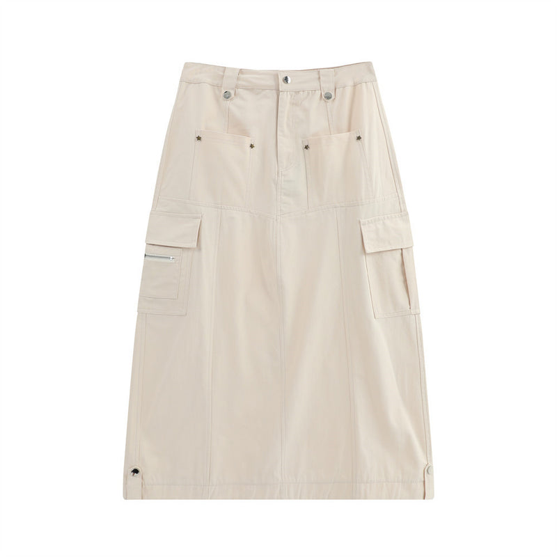 Women Long Skirt Multi-Pocket Skirt XINGX Rivet A- line Skirt