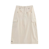 Women Long Skirt Multi-Pocket Skirt XINGX Rivet A- line Skirt