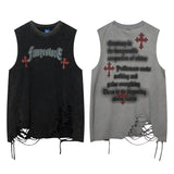 Men Vest Cross Washed and Worn Ripped Sleeveless T-shirt Vintage Vintage Vest