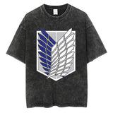 Men Washed T Shirt Black Japanese Anime Graphic Print TShirt