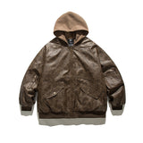 Unisex Winter Cotton Coat down Jacket Retro Loose PU Leather down Jacket