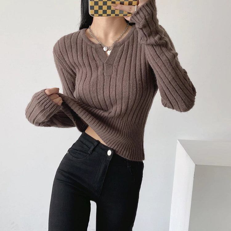 Women Sweater Knitwear V-neck Thread Sunken Stripe Slim-Fit Long-Sleeved Knitted Bottoming Shirt