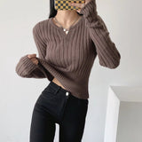 Women Sweater Knitwear V-neck Thread Sunken Stripe Slim-Fit Long-Sleeved Knitted Bottoming Shirt