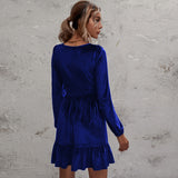 Women Dress Green Deep V-neck Puff Sleeve Velvet Dress