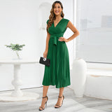 Women Date Dress Summer V-neck Pleated Sleeveless Waist Dress