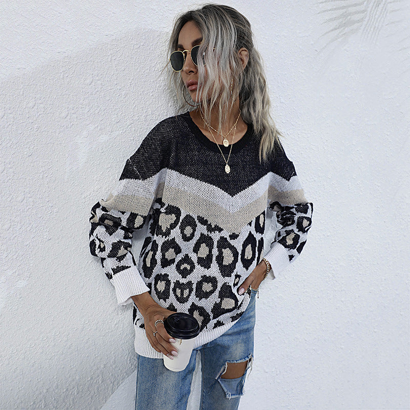 Women Knitted Sweater Autumn Leopard Print Color Matching Long Sleeve Loose round Neck Knitted Sweater