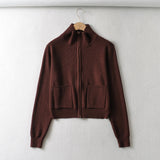 Women Sweater Knitwear Vintage Double Zipper Lapel Cardigan Top Coat Short Long Sleeve Sweater