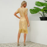 Women Date Dress round Neck Vintage Sequined Tassel Evening Dress