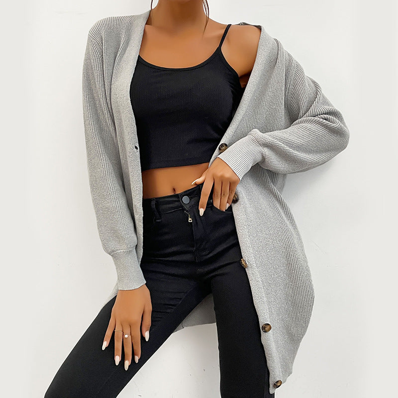 Women Knitted Sweater Autumn Gray Long Sleeves Long Hemlock Sweater