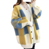 Women Knitted Cardigan Autumn and Winter Loose Plaid Color Stitching Knitted Cardigan
