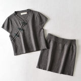 Women Sweater Knitwear Retro V-neck High Waist Exposed Navel Knitted T-shirt Sheath Skirt Suit