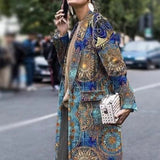 Women Trench Coat Autumn Long Sleeve Turn-down Collar Coat Printed Woolen Long-Cut Coat