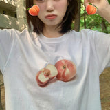 Sweet Pink Peach Printed T-shirts Summer O-Neck Women Fashion