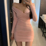 Women Dresses V-neck Cross Pleated Dress Tight Sheath Short Dress