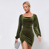 Women Dress Autumn and Winter Puff Sleeve Sexy Velvet Banquet Dress
