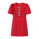 Women Dresses Summer round Neck Love Short Sleeve Dress Hollow Short Skirt (Xds0414)