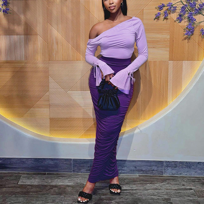 Women Co-Ord Set Sexy Backless Slim Fit Two Suit off-the-Shoulder Flared Sleeves Sheath Dress Suit