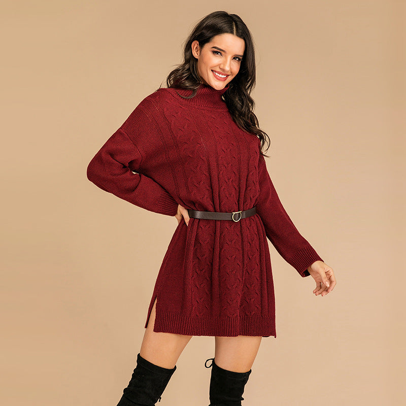 Women Knitted Sweater Autumn Knitted Solid Color Twist Long Sleeve Pullover High Collar Woolen Skirt