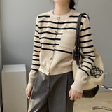 Women Cardigan Sweater round Neck Striped Sweater Coat Loose Single Breasted Cardigan Female 8t6717