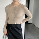 Women Cardigan Sweater Autumn Top round Neck Cropped Cardigan Sweater Button Long Sleeve Knitted Coat 8t7329