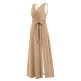 Women Date Dress Sexy Sleeveless V-neck Slit Slim Fit Long Dress