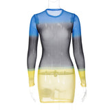Women Dresses Summer Sexy Mesh round-Neck Long-Sleeved Dress