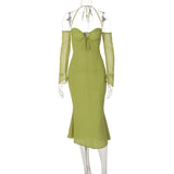 Women Dresses Chiffon Sexy Backless Dress Long Sleeve (Bla0420)