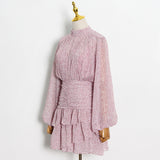 Women Dresses Chiffon Skirt Spring Stand Collar Pleated Loose Dress (Qymy0409)