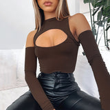 Women Jumpsuit Hollow out Autumn and Winter Turtleneck Long Sleeve Backless off-Shoulder Top