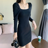 Women Maxi Dress Fall/Winter Square Collar Puff Sleeve Hip Knitwear Dress