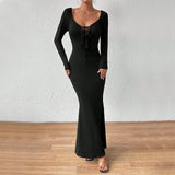 Women Dress U-Neck Slim Fit Long Sleeve Narrow Dress