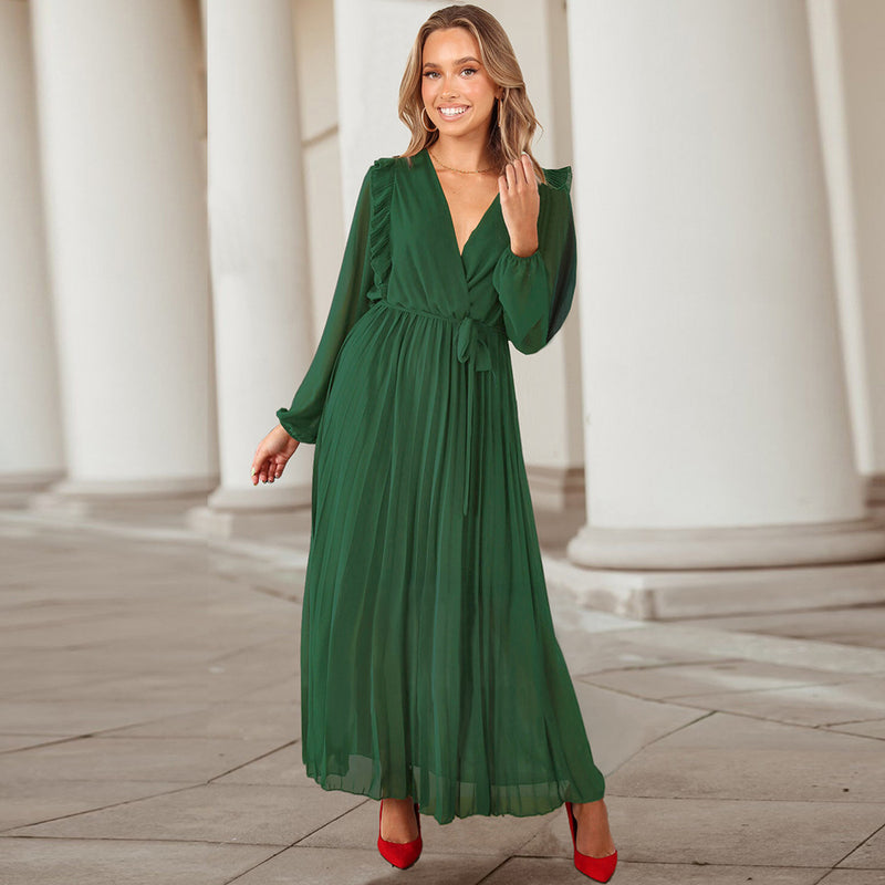 Women Date Dress Autumn and Winter V-neck Long Sleeve Pleated Dress