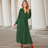 Women Date Dress Autumn and Winter V-neck Long Sleeve Pleated Dress
