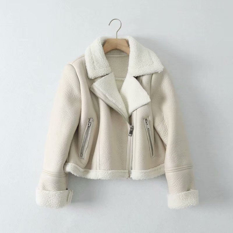 Women Leather Jacket Lapel Fur Integrated PU Leather Coat Autumn and Winter Fleece-Lined Leather Jacket Motorcycle Jacket