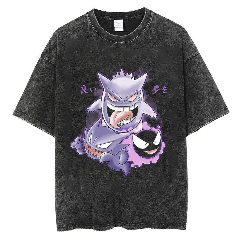 Washed vintage short-sleeved T-shirt anime