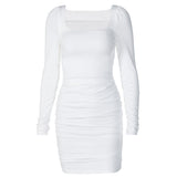 Women Dresses Spring Summer Slim-Fit Long Sleeve Pleated Solid Color Dress