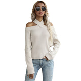 Women Knitted Sweater Autumn Knitted Pullover Solid Color Hollow out Shoulder-Baring Sweater