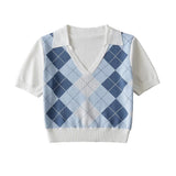 Women Sweater Knitwear Vintage Polo Shirt Short Sleeve Women's Summer Rhombus Contrast Color Knitwear Short T-shirt