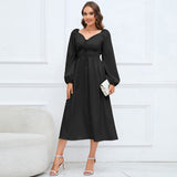 Women Date Dress Slim-Fit Long Sleeve V-neck Lace-up A- line Dress Lantern Sleeve Dress
