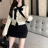 Women Knitwear Autumn and Winter Bow Twist O-neck Short Sweaters Cardigan
