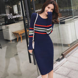 Women Maxi Dress Fall/Winter Striped Bag Dress Sweater